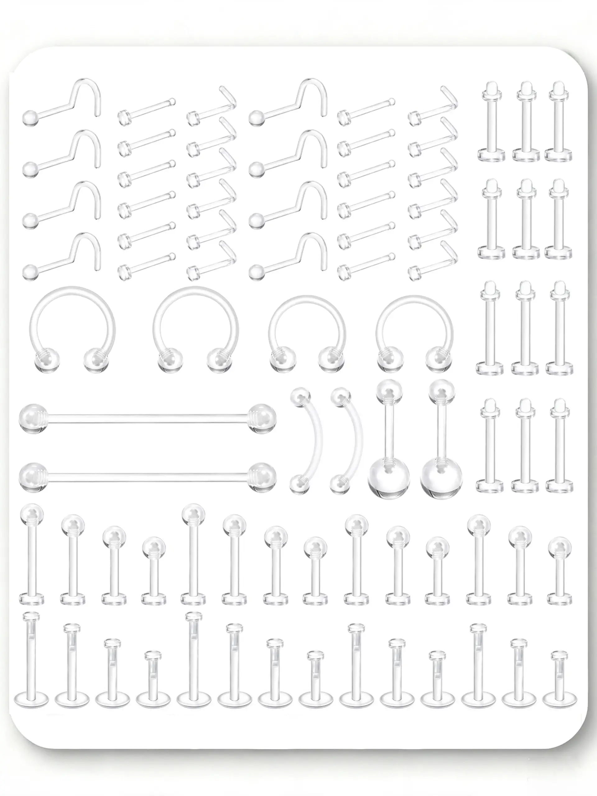82PCS Clear Nose Stud Piercing Retainer Plastic Body Jewelry Lip Helix Septum Eyebrow Belly Cartilage Bioflex Industrial Bar L-Shape Invisible Flat Back Earring for Women Men Sport Surgery Work Back to School