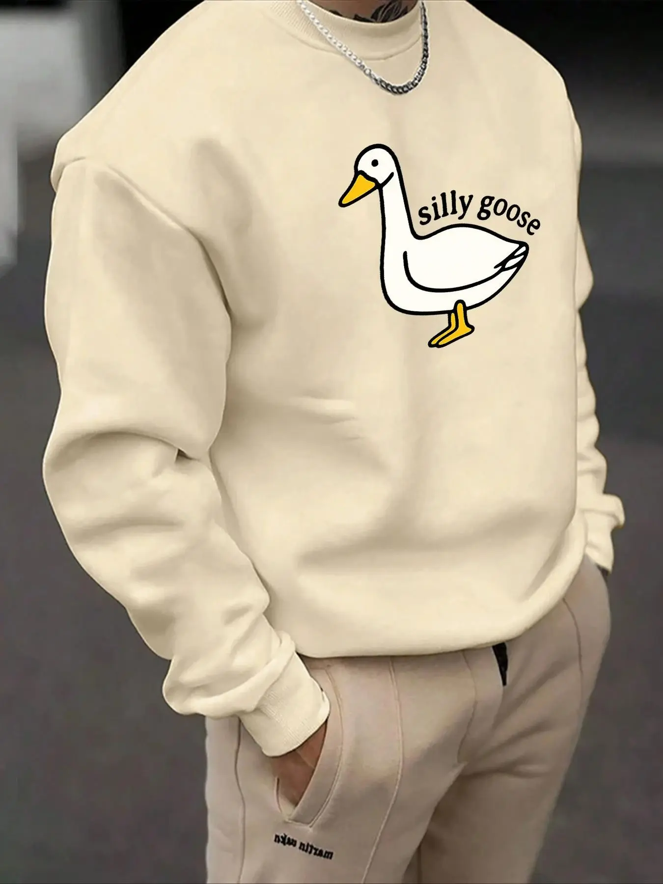 American Minimal Cute Goose Long Sleeve Sweatshirt, Vintage Fun Letter Print, Unisex Lazy Daily Commute Crew Neck Top