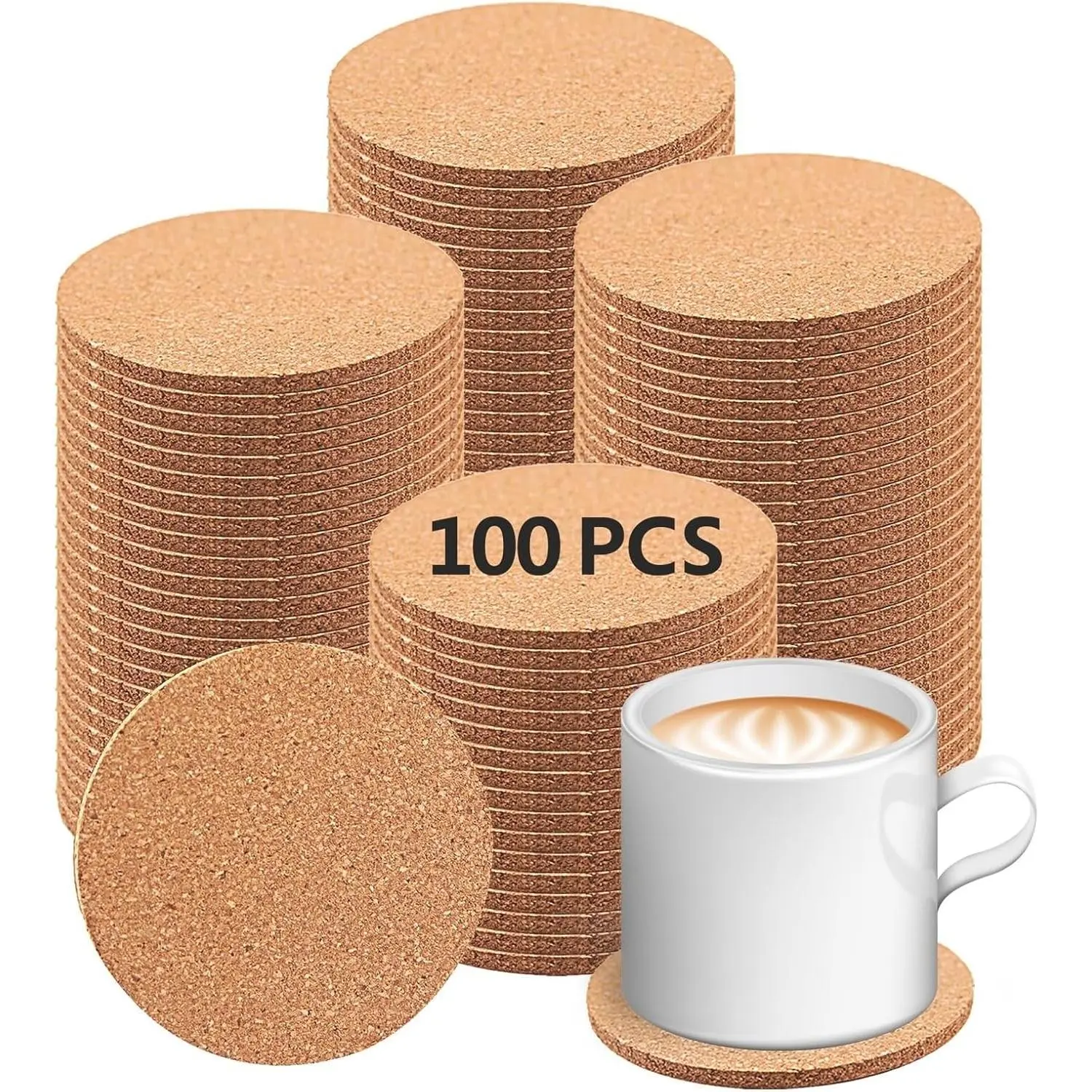 100 pcs Cork Coasters for Drinks, Bulk Blank Coasters DIY Crafts, Non-Slip, Heat-Resistant, Absorbent and Reusable Coffee Coaster for Home Tabletop DecorationGift