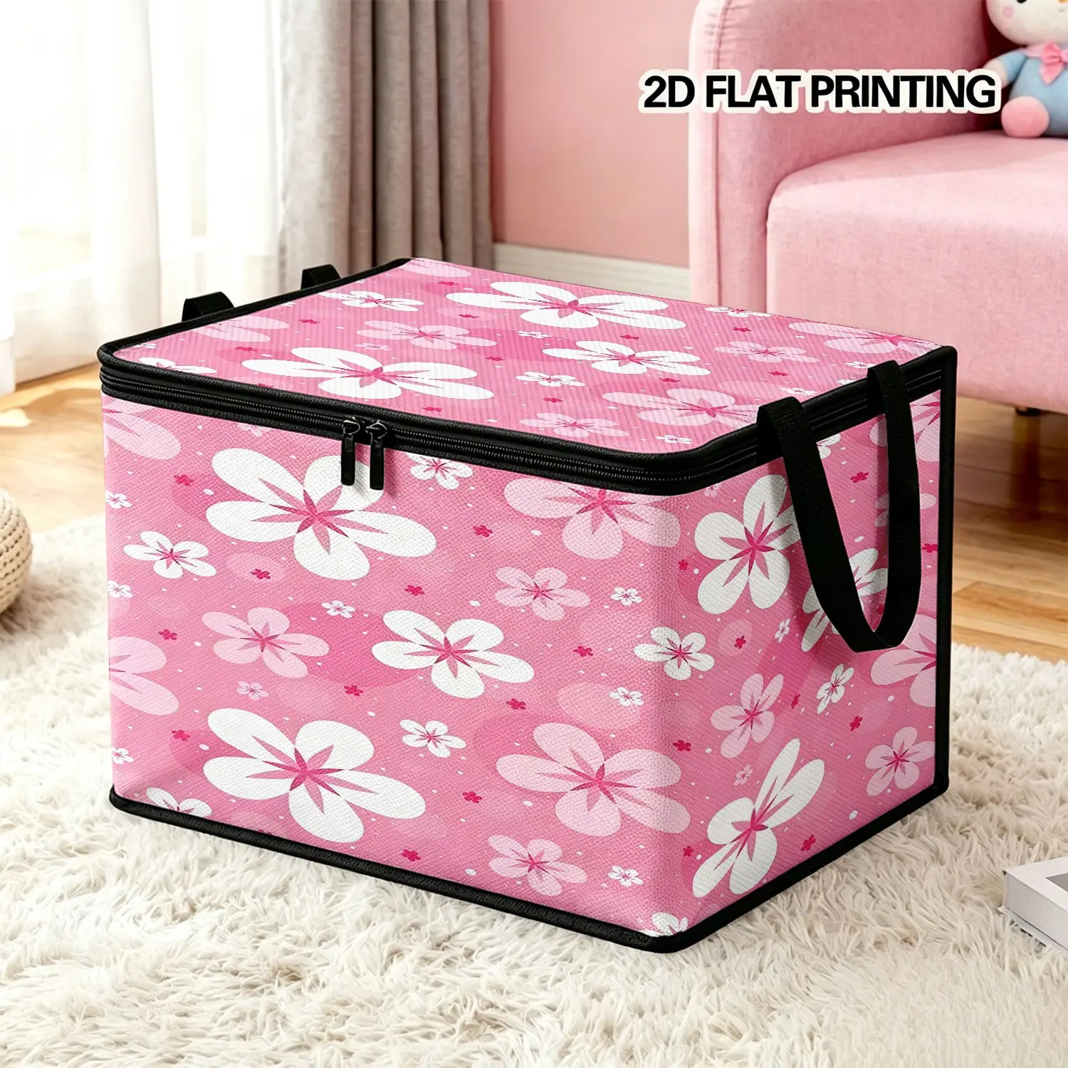 Cherry Blossom Print Storage Box, Oxford Fabric Zipper Handheld Organizer, Clothes Toys Bedroom Home Sorting Box, Contemporary Style, Decorative Storage Organizers