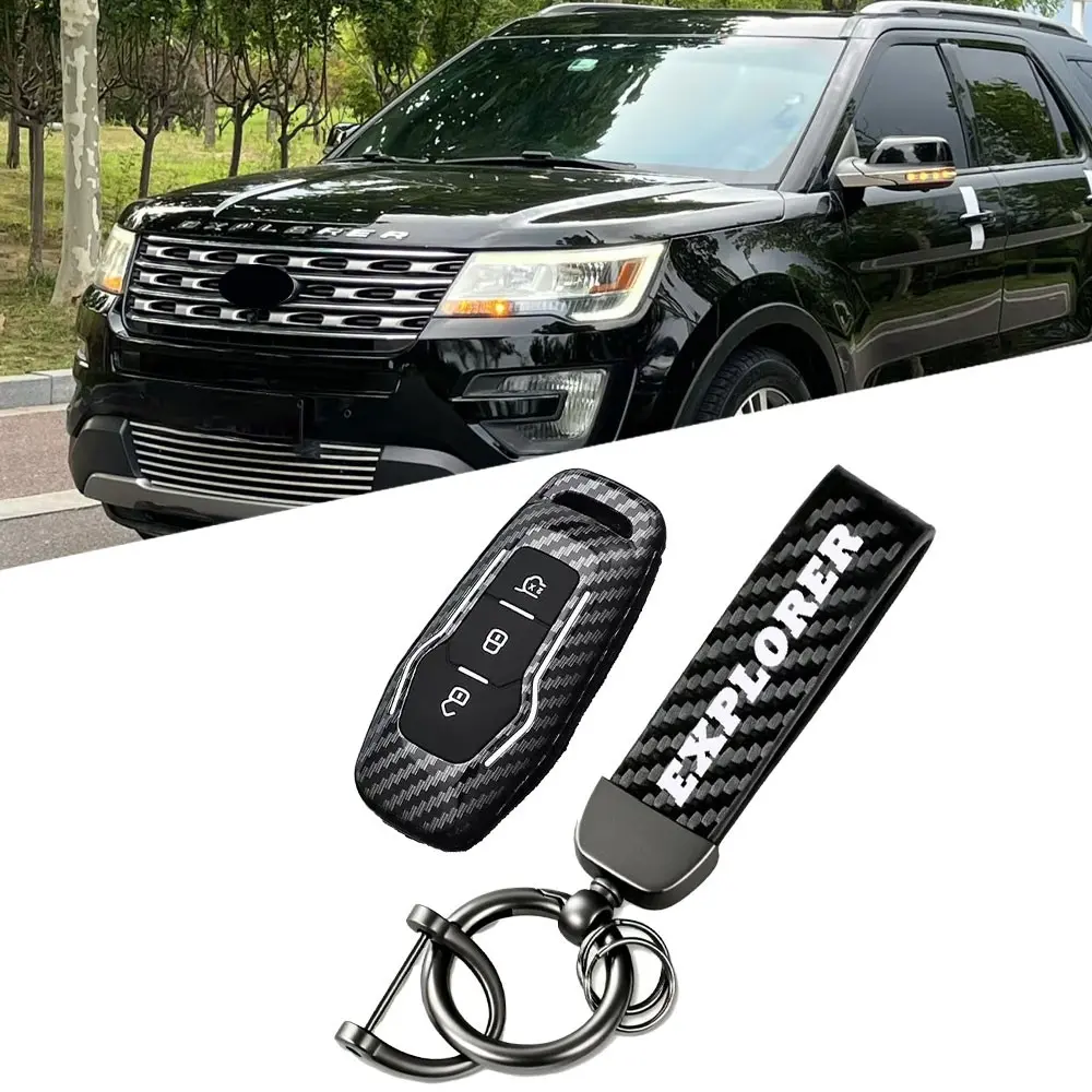 Carbon Fiber Texture Key Case with Keychain for Ford Explorer, Anti-Slip Shockproof Car Key Cover, Key Fob Cover, Stylish Protection