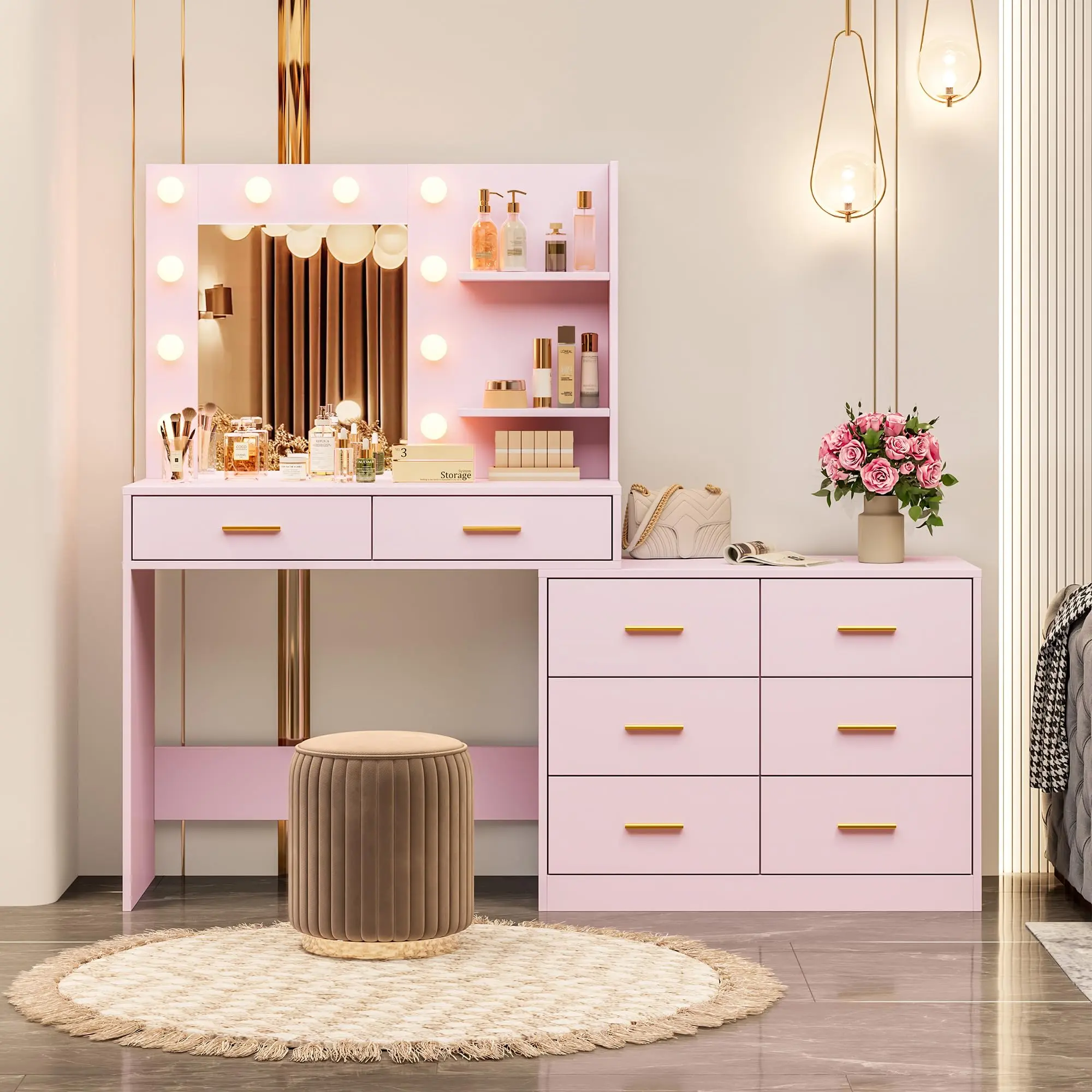 61" Make up Vanity Desk with Mirror and Lights, Pink Vanity with 8 Wide Storage Drawers & 2 Tier Shelves, 3 Lighting Modes with Adjustable Brightness for Bedroom