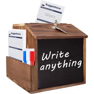 Wood Suggestion Box with Slot and Lock Wooden Tip Money Drop Donation Boxes For Saving Fundraising Prayer Ballot Comment Box Countertop Wall Mounted with Chalkboard and Keys for Church Wedding