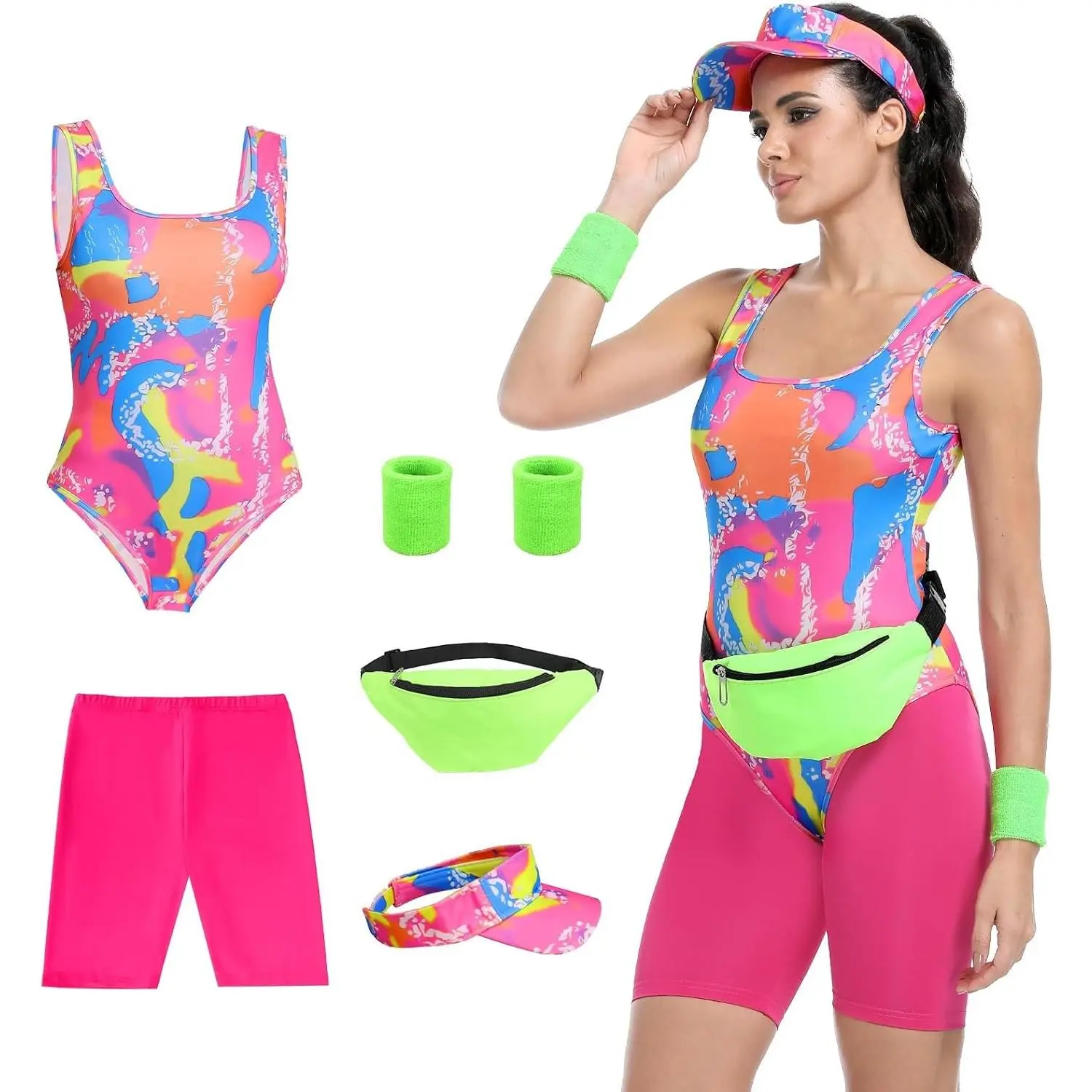 Women's 80s Workout Costume Set - 6 Piece Neon Exercise Outfit with Printed Leotard, Pink Biker Shorts, 2 Wristbands, Visor and Fanny Pack for Halloween, Parties and Retro Workouts(Gift)