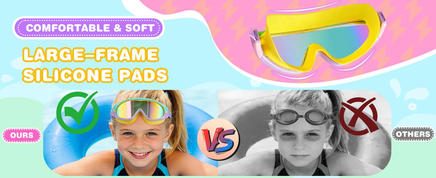 2 Pack Wide View Swimming Goggles, No Leaking Kids Swim Goggles with Anti-Fog/UV HD View Kids Goggles Boys Girls 3-15