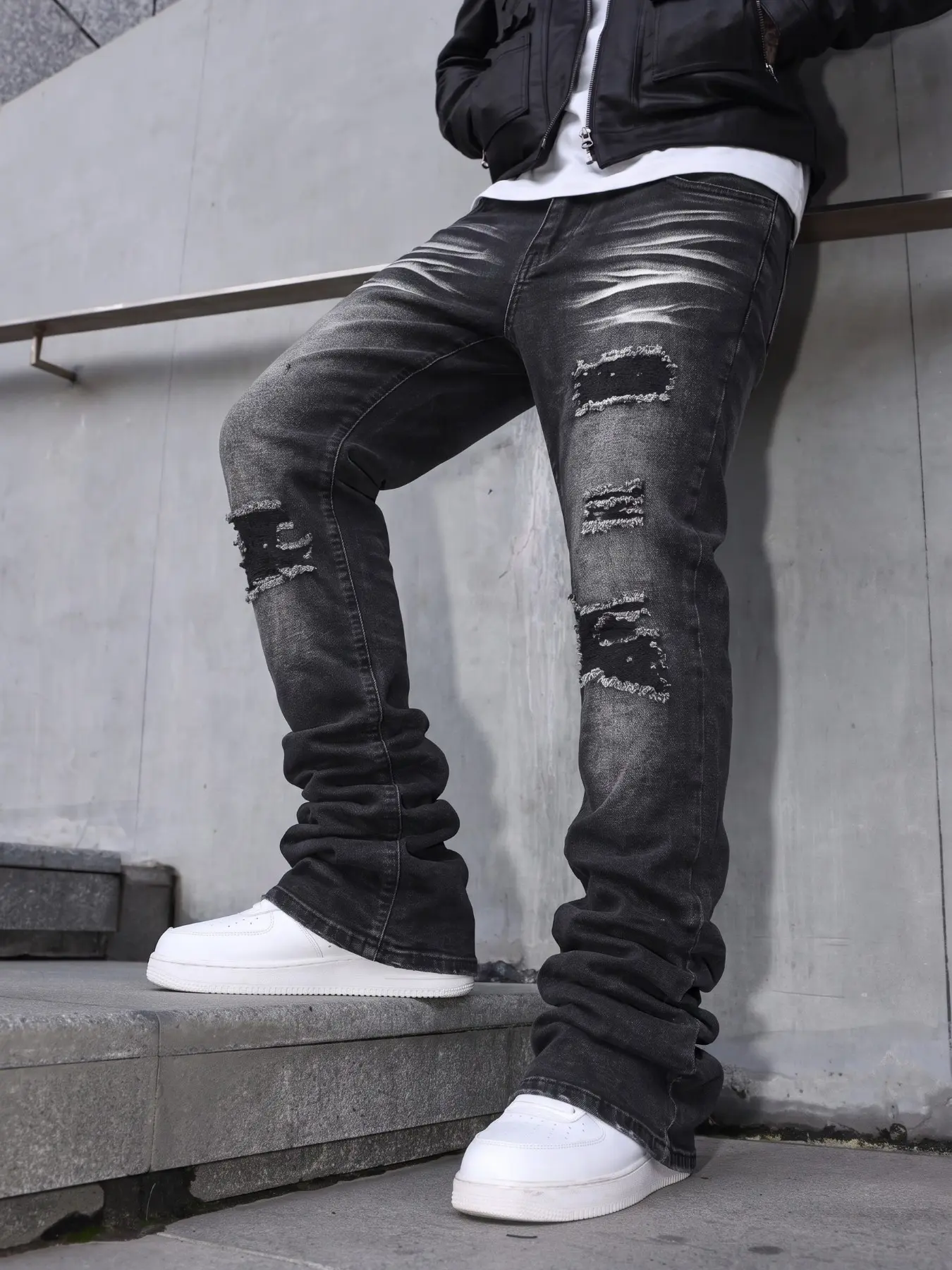 Men's American High Street Ripped Micro Flare Jeans, Charcoal Vintage Wash Patch Summer Breathable Street Style Long Pants
