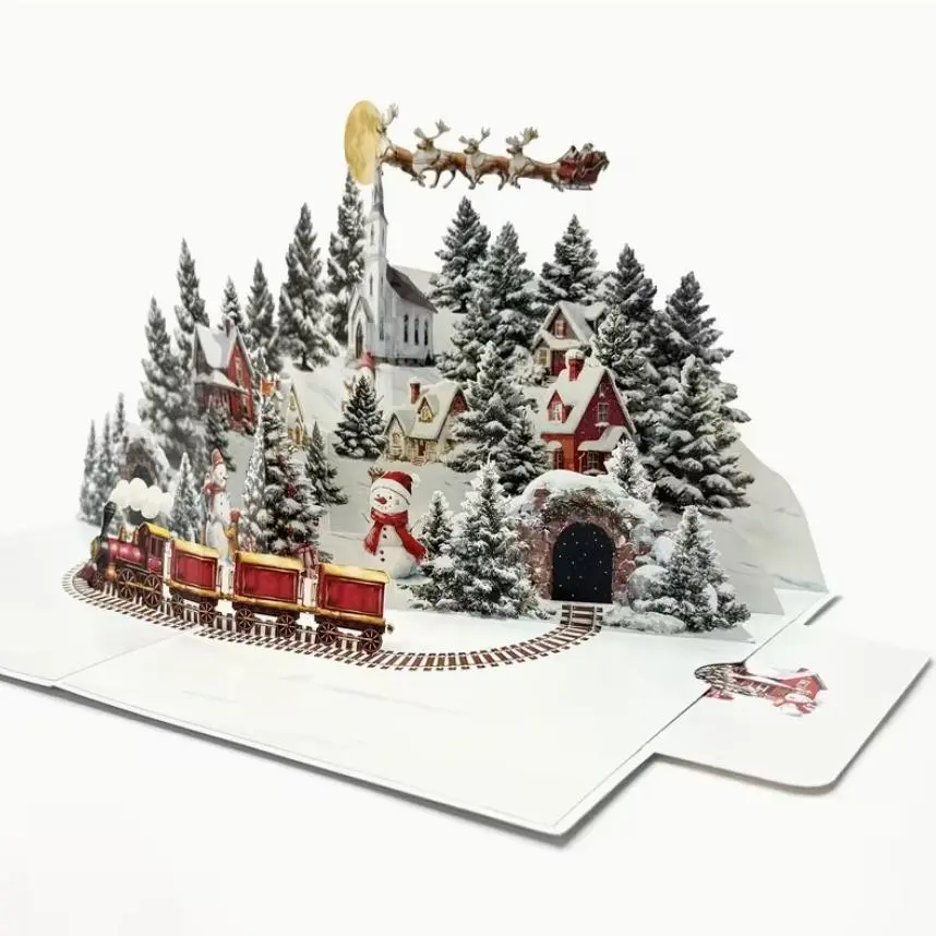 3D Pop-Up Christmas Card, Holiday Greeting Card with Santa, Reindeer, Snow Village, Moonlit Sky, Detailed Illustrations, Festive Design