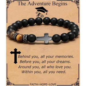 Cross Bracelet for Men Son Brother Baptism Communion Birthday Anniversary Christmas Christian Black Tiger Eyes BeadGift.