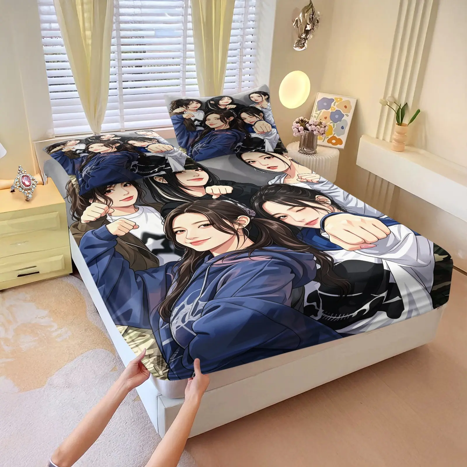 3Pcs Korean Street Style Girls Fitted Sheet Set, Varsity Jacket Elements Design, Breathable Durable Fabric, All Season Comfort, Ideal Back to School Bedding for College Dorms
