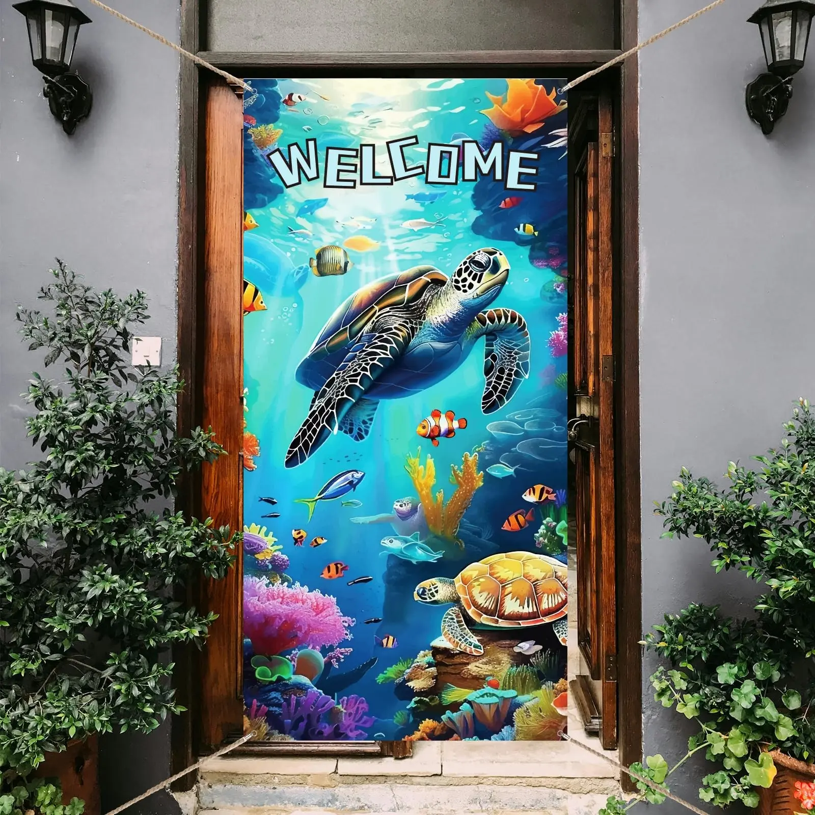 2D Flat Banner 1pc, Welcome Turtle Door Decor, Summer Beach Door Banner, Nautical Style Porch Banner, Ocean Animal Party Decoration