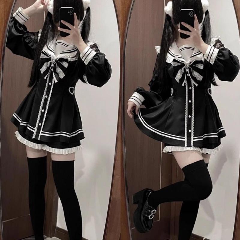 Jirai Kei Sailor Black Dress Lace Patchwork Slim Fit Dresses Japanese Sweet Inner Shorts Set JK School Uniform for Women Girls