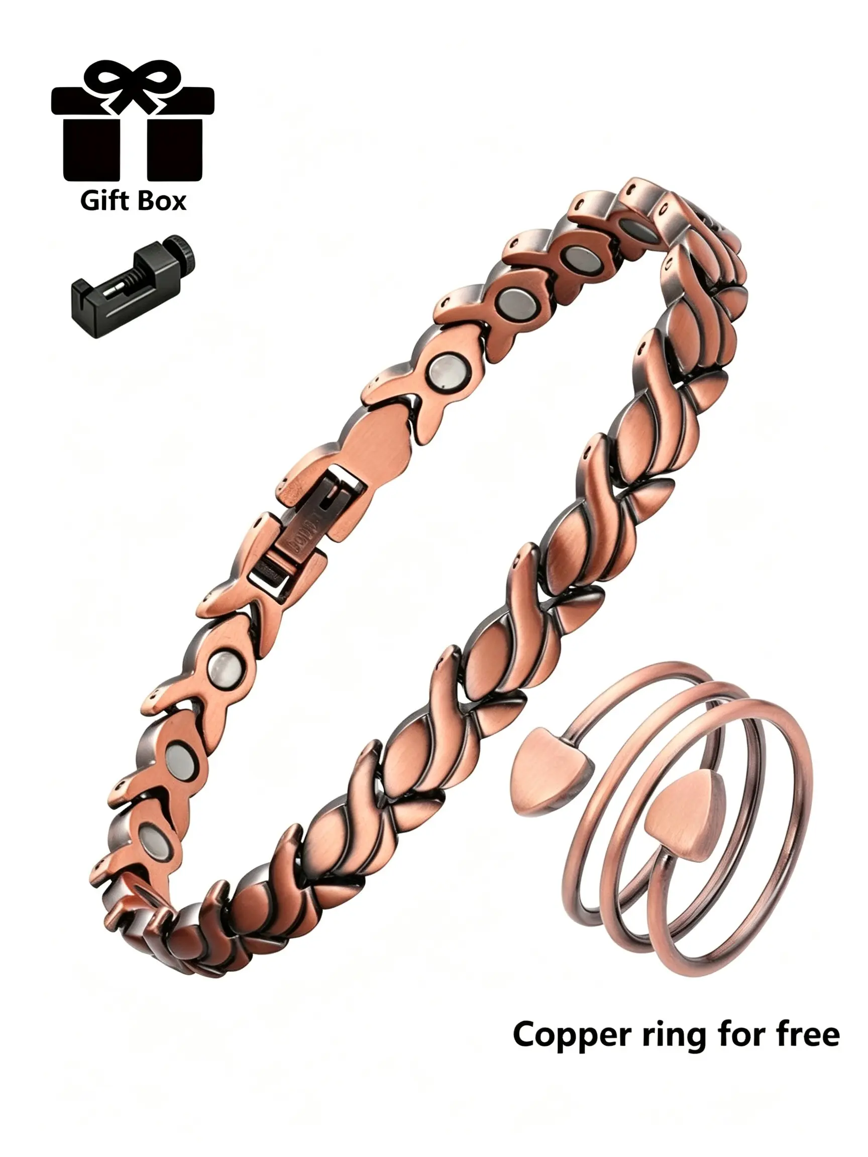 Vintage Style 99.99% Pure Copper Women's Magnetic Bracelet Ring Set, Adjustable Open Loop Band with Modification Tool, Perfect Holiday Gift