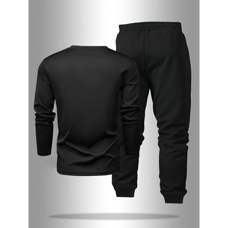 Men's Long Sleeve T-shirt and Pants Set, Spring/Autumn 2pcs set with Paris letter print round neck long sleeve T-shirt + drawstring outdoor casual sports pants set of 2 mens  fashion Clothes Fabric Activewear Polyester