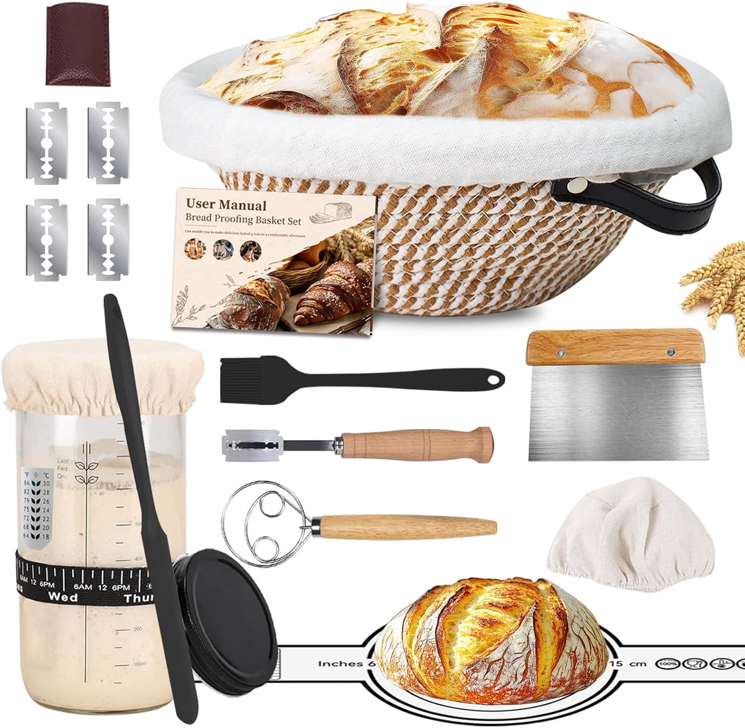 Sourdough Starter Kit, Banneton Bread Proofing Basket 10 Inch Round, Sourdough Bread Baking Supplies with Starter Jar, Bread Sling, Lame, Danish Dough Whisk – Complete Sourdough Kit Gifts for Home Bakers