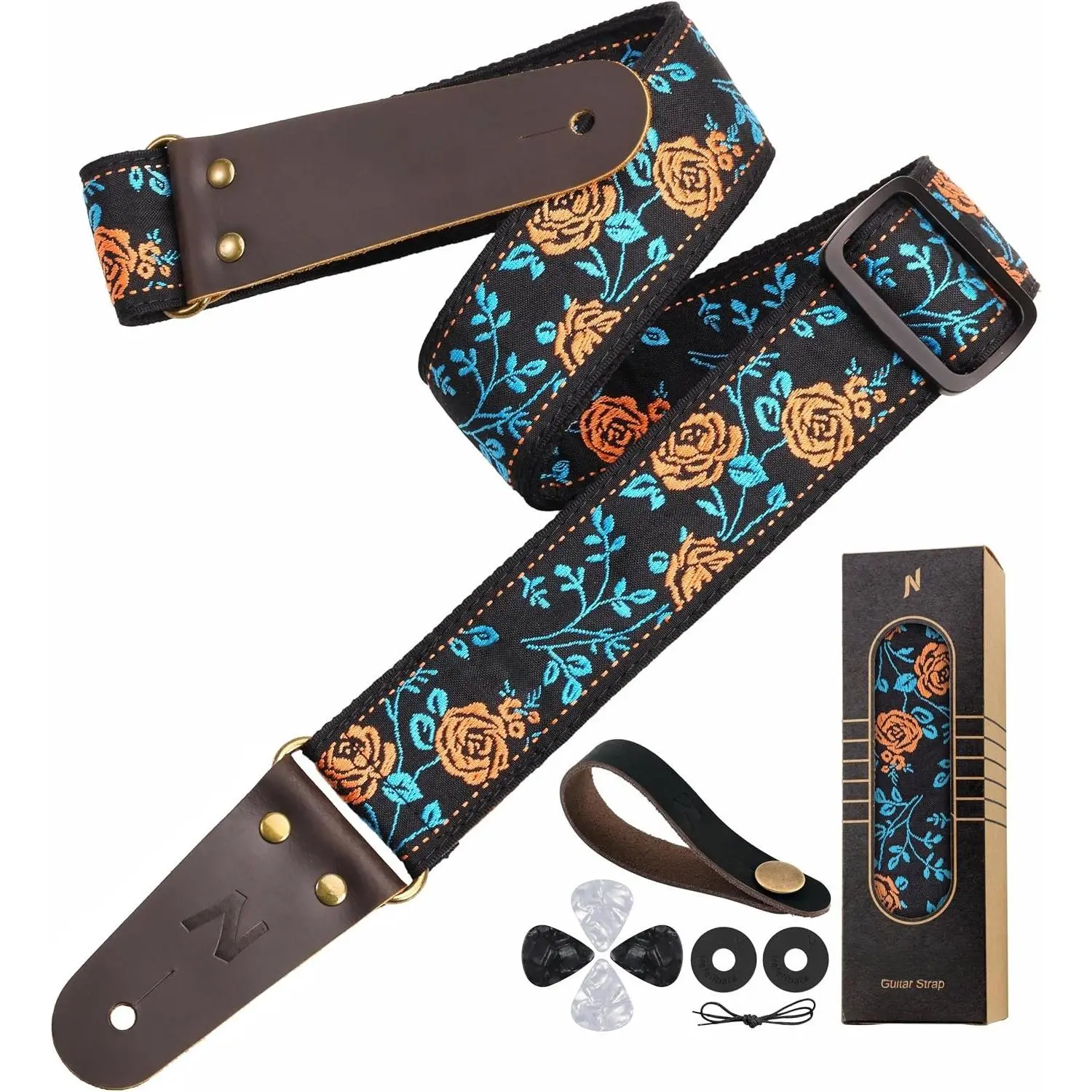 Guitar Strap 2" Embroidery Full Grain Leather Ends Guitar Straps with  Pocket, for Bass, Electric and Acoustic Guitars, with Strap Button, Locks and Picks