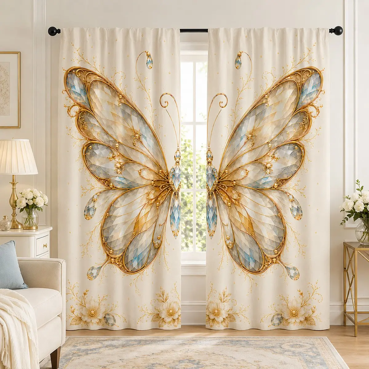 Crystal Butterfly Curtain Set, 2-Piece Light Filtering Drapes, Floral Print, Luxury Bedroom & Living Room Decor