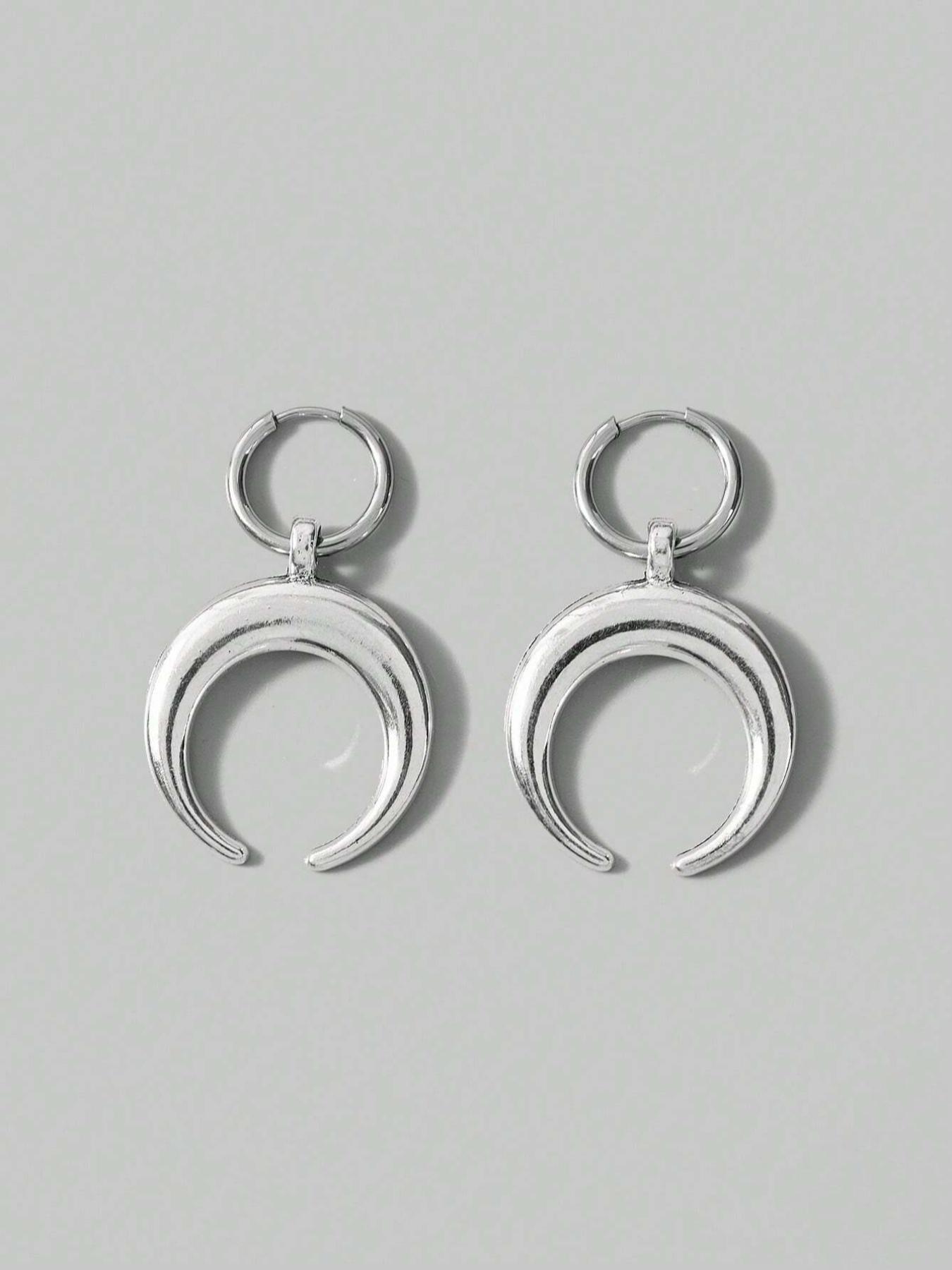 Moon Shaped Dangle Earrings, Punk Exaggerated Silver Horn Earrings, Fashion Ear Jewelry for Party, Daily Clothing Decor, Trendy All-match & Exquisite Jewelry for Gift