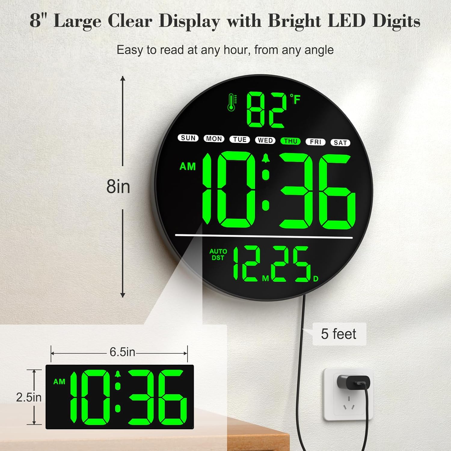 Large Digital Wall Clock with LED Display, Electric Wall Clock with Temperature, Auto DST, Date, and Day, 5-Level Brightness for Office, Bedroom, Living Room, Classroom Decor