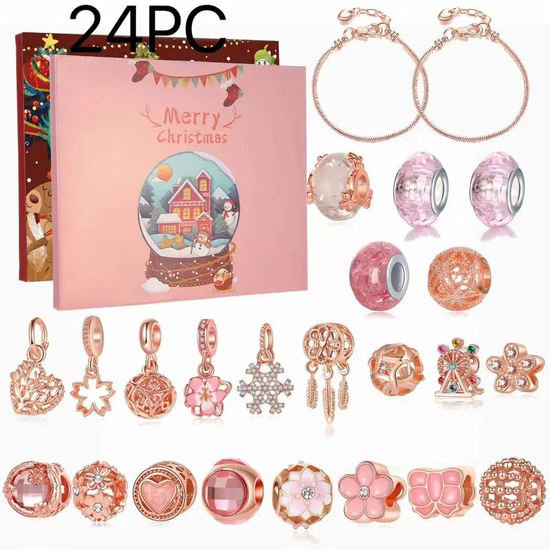 Rose Gold Surprise Blind Box DIY Bracelet Christmas 24-Day Countdown Calendar, with a light luxury style, can be freely customized and decorated, suitable as a Christmas, New Year, or Valentine's Day gift for children and girls.