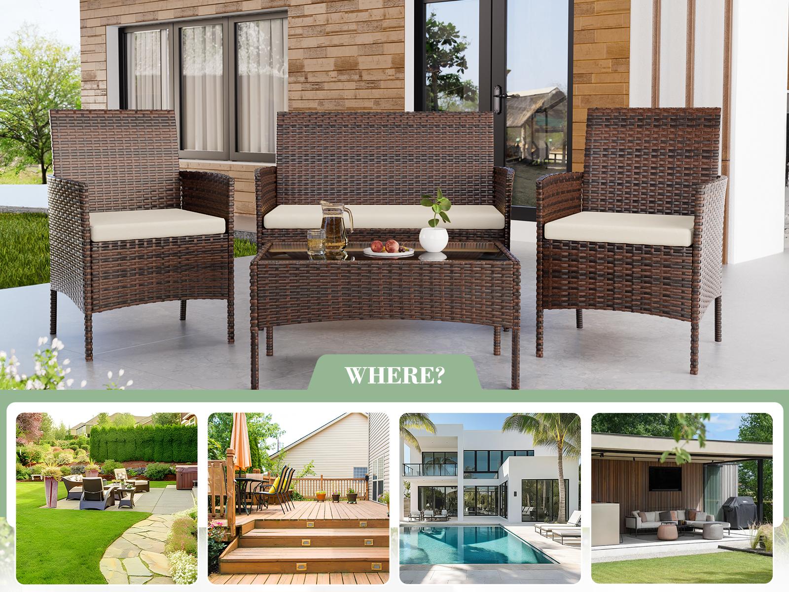 UDPATIO 4-Piece Outdoor Patio Furniture Set Rattan chair Sectional Sofa with Cushions&Tempered Glass Table for Garden Luxury Lounge Home para exterior shatt wrproof SpringGardening
