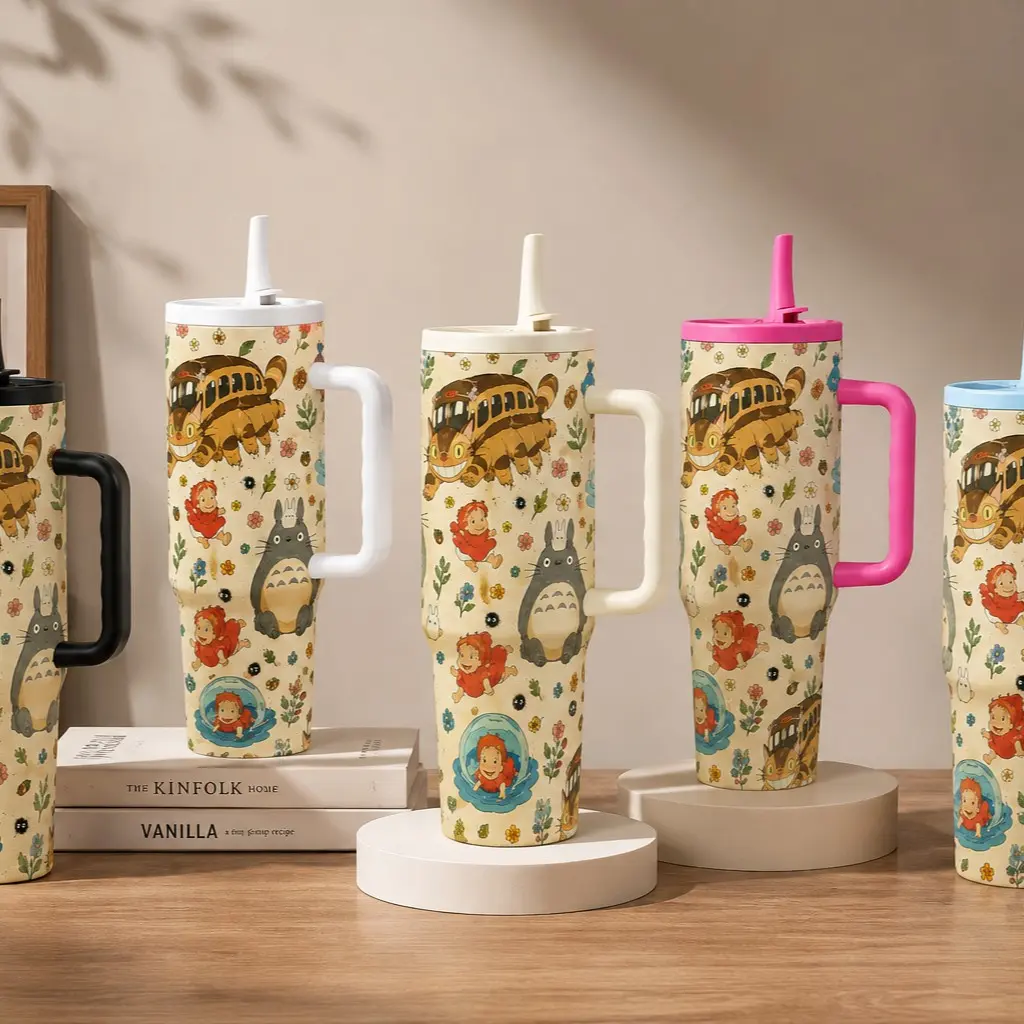 Studio Ghibli Totoro Ponyo Catbus 40oz Tumbler, Cream Vintage Anime Cup with Handle Lid Straw, Cute Travel Mug Gift