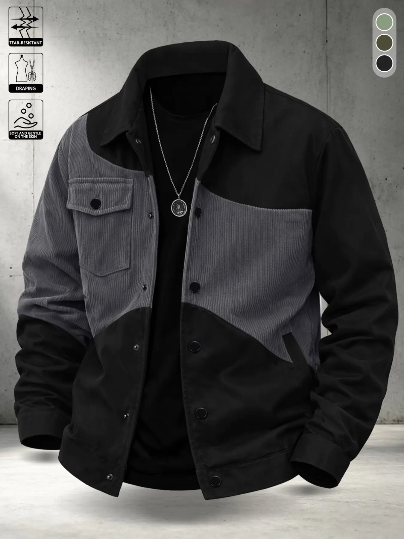Men's Vintage Workwear Roll Collar Long Sleeve Jacket, Colorblock Patchwork, Loose Fit, Casual All-Season Outerwear, Outdoor Commute