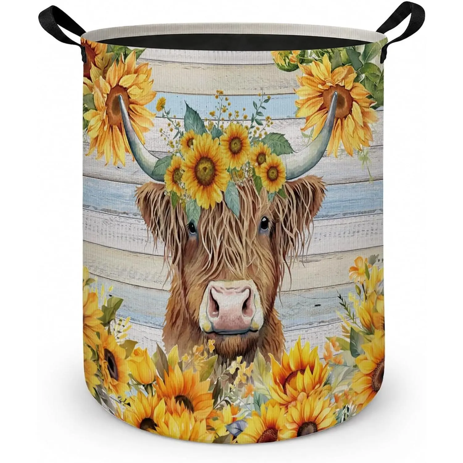 Rustic Sunflower Highland Cow Laundry Basket with Handles - Waterproof Collapsible Recycled Poly 35x45cm Organizer, Neutral Look Farmhouse Storage for Bedroom Bathroom, Home Supplies Gift Ideas
