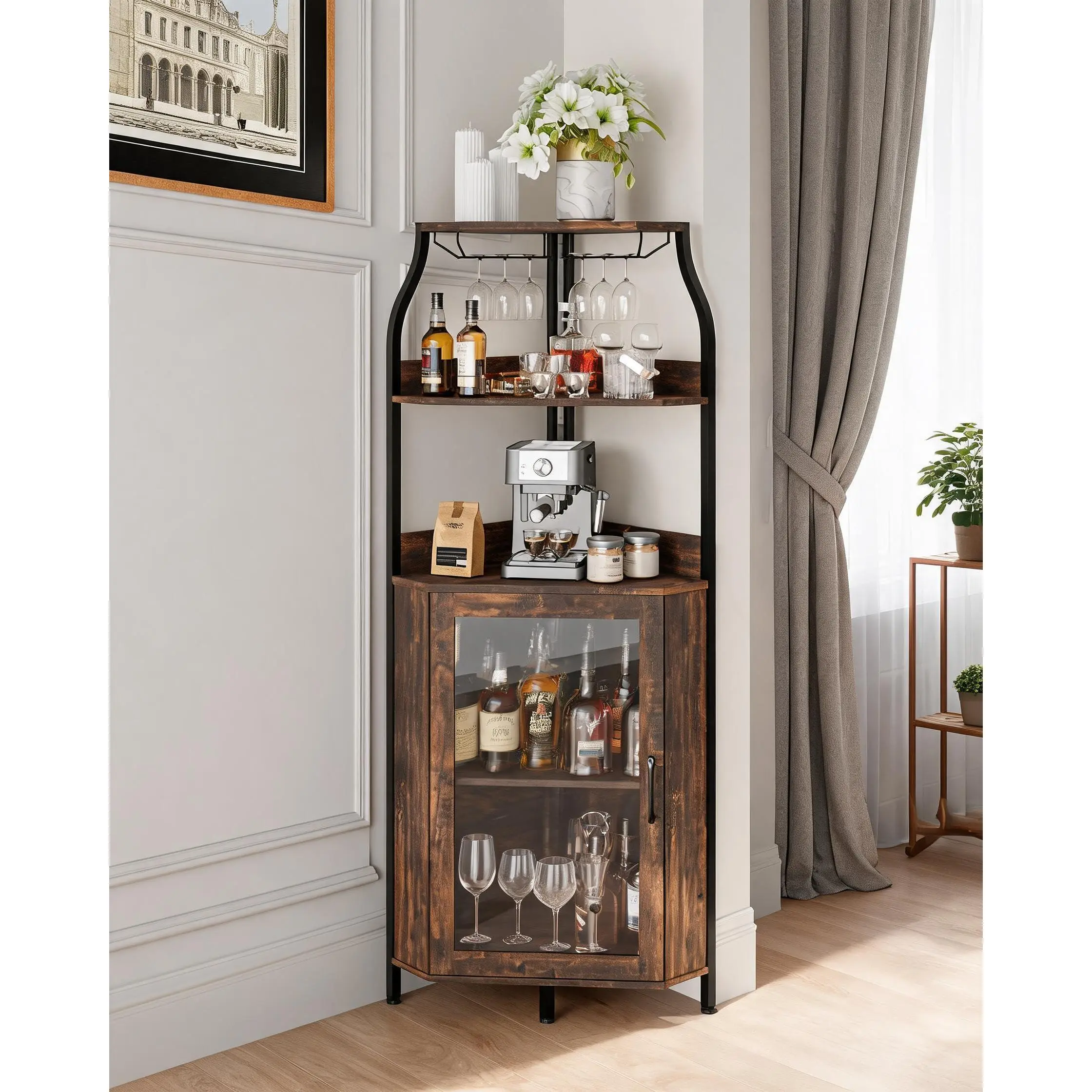 68 In Industrial Corner Bar Cabinet with Power Outlet, LED Strip Lighting, Glass Holder, 5-Tier Liquor Storage, Detachable Wine Holder, Space-Saving Design for Home Dining & Living Rooms