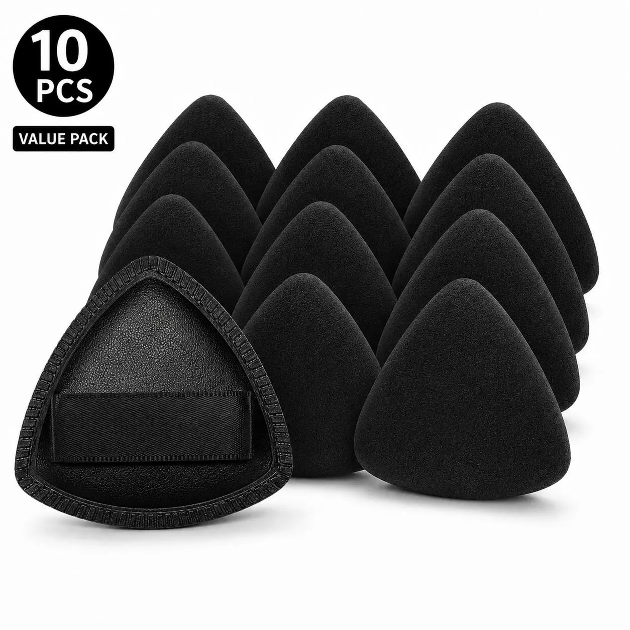 10PCS 3-Layer Triangle Foundation Puffs, Black Makeup Puffs with Barrier Layer, Soft Precision Applicators with Finger Strap for Liquid Foundation & Concealer