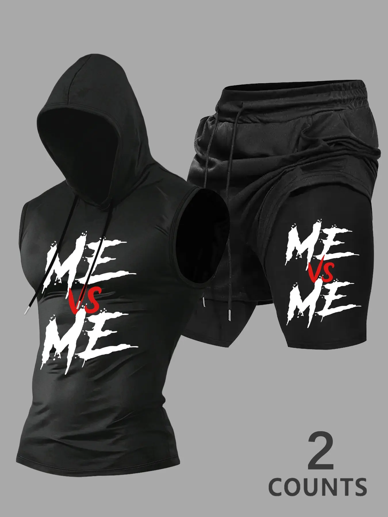 2 Piece Men's Me Vs Me Brush Stroke Motivational Slogan Print Drawstring Hooded Sleeveless Tank & Elastic Waist Shorts Set, Matching Gym Set, Activewear Workout Set, Fitness Athletic Casual Tracksuit