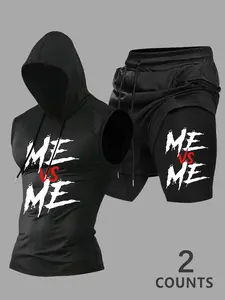 2 Piece Men’s Me Vs Me Brush Stroke Motivational Slogan Print Drawstring Hooded Sleeveless Tank & Double Layer Elastic Waist Shorts Set Slim Fitness Athletic Casual Tracksuit #2PieceMensWorkoutSet #MotivationalGymWear #SloganPrintOutfit #HoodedTankSet #Ti