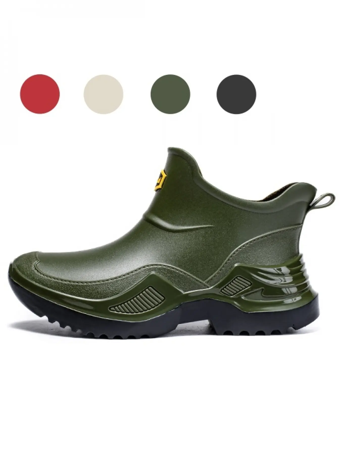 Street Mecha Tech Style Men Short Rain Boots, Black Red Contrast Layer Thick Sole Anti Slip Waterproof Rubber Shoes, Perfect Match With Cuffed Work Pants