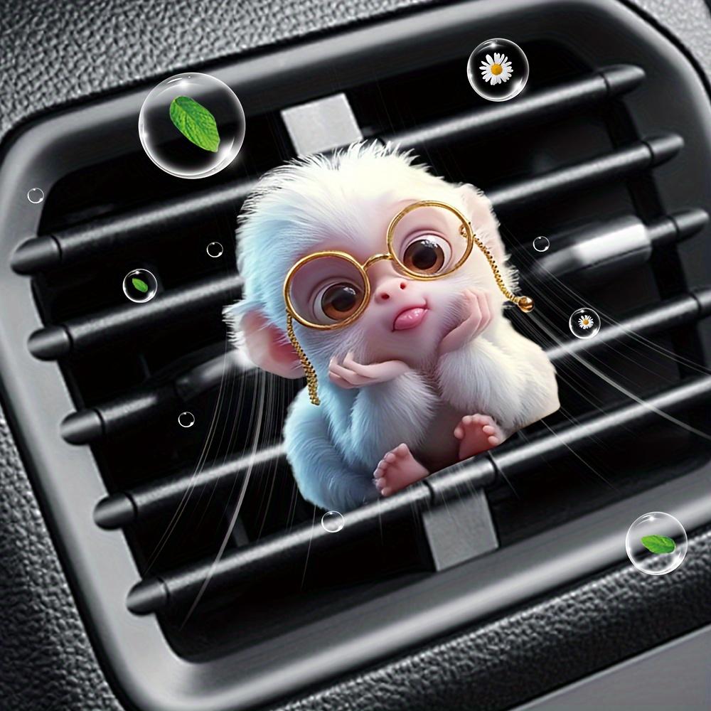 Cute Monkey Car Air Vent Clip Freshener with 2 Aromatherapy Tablets – Adorable Cartoon Design, Acrylic Decoration for Fresh Car Interiors, Includes Glasses & Bubbles Illustration, Funny Car Air Freshener