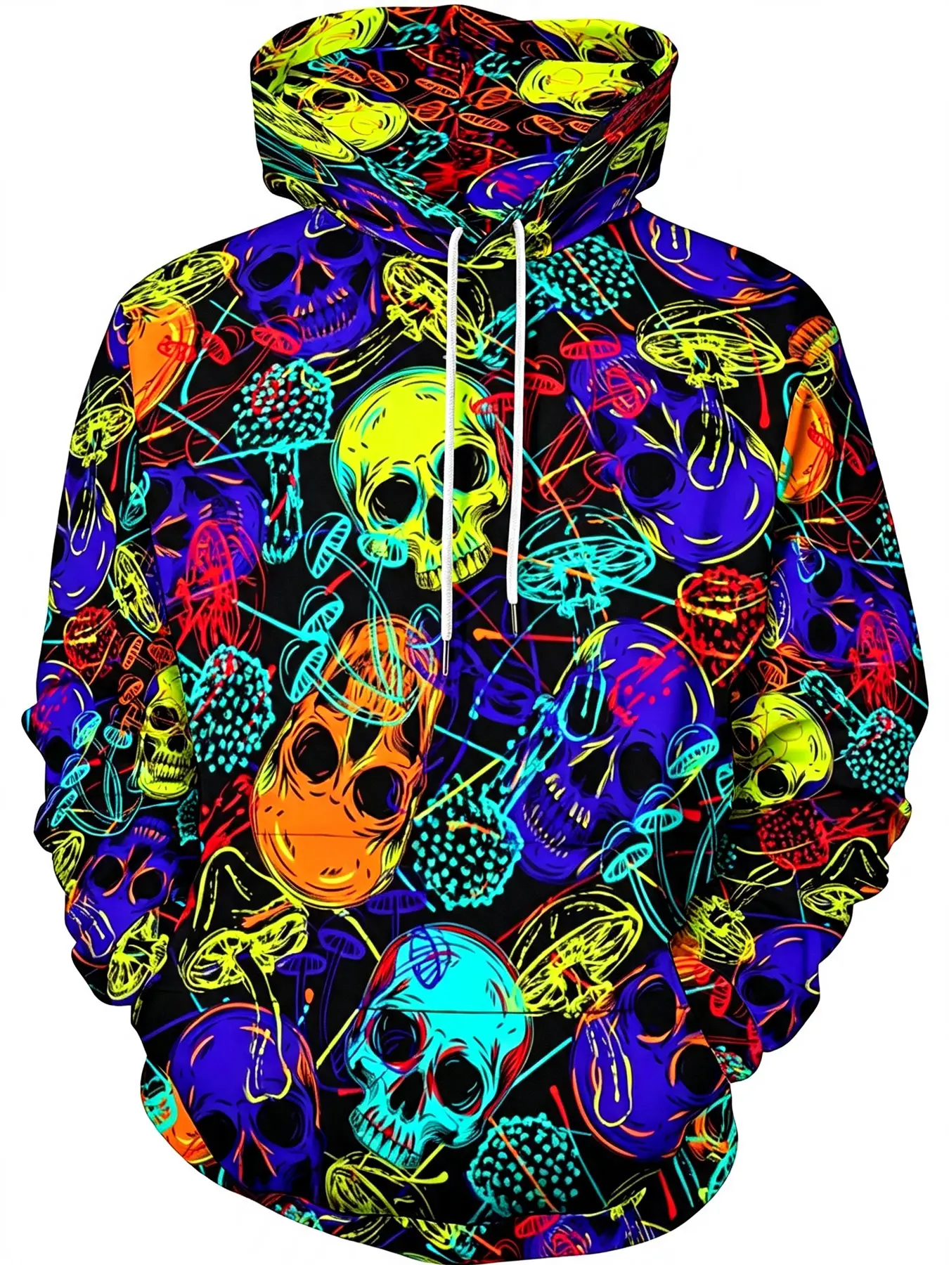 Neon-colored skull and poisonous mushroom graffiti all-over print trendy Long sleeve hoodie