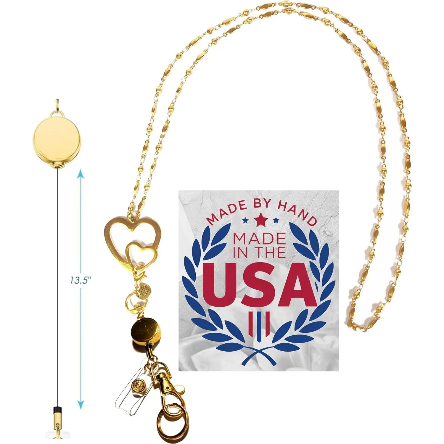 Retractable Reel  Stainless Steel Chain Hand Made  Women's Lanyard 34"  ID Badge Card Holder