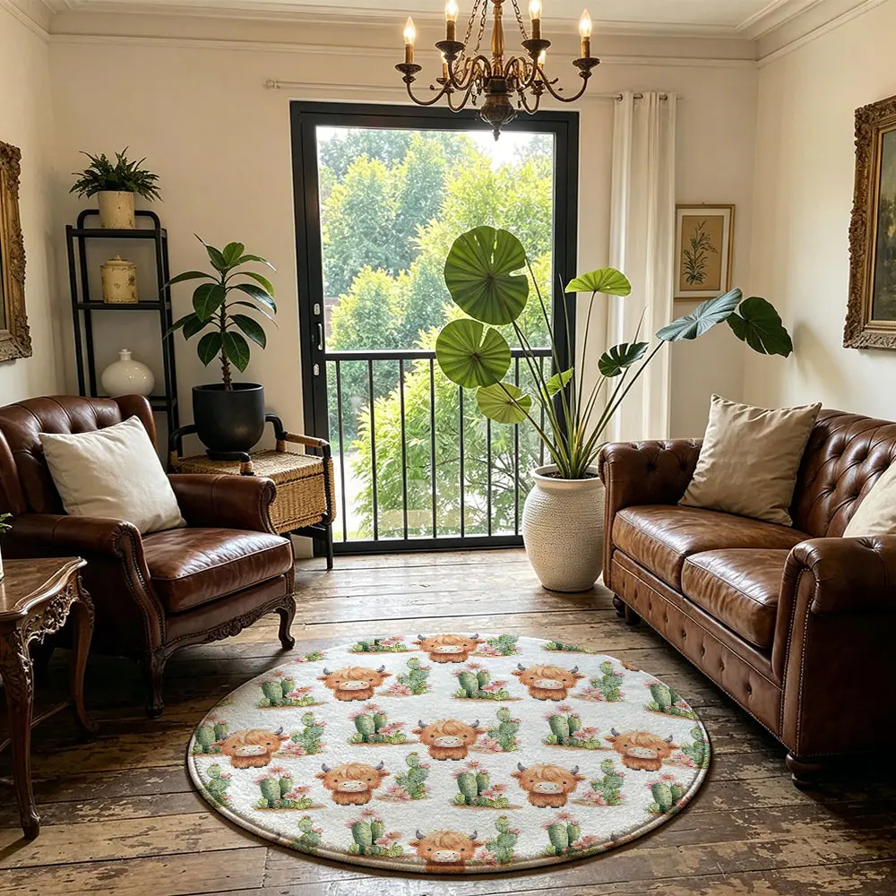 Cactus Theme Bear‑Shaped Round Rug, Machine Washable Soft Non‑Slip Floor Mat for Entry Bedroom Balcony Decor