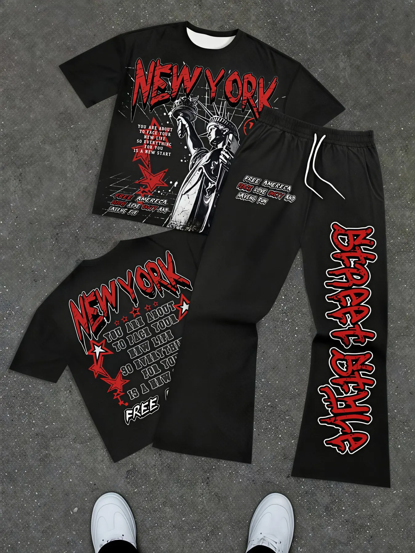 Vintage NYC Street Style Letter Matching Set, Breathable Loose Short Sleeve Tee Star Print Flare Bell Pants, Comfort Slim Skate Casual Outfit, Trending American Hip Hop Streetwear Apparel