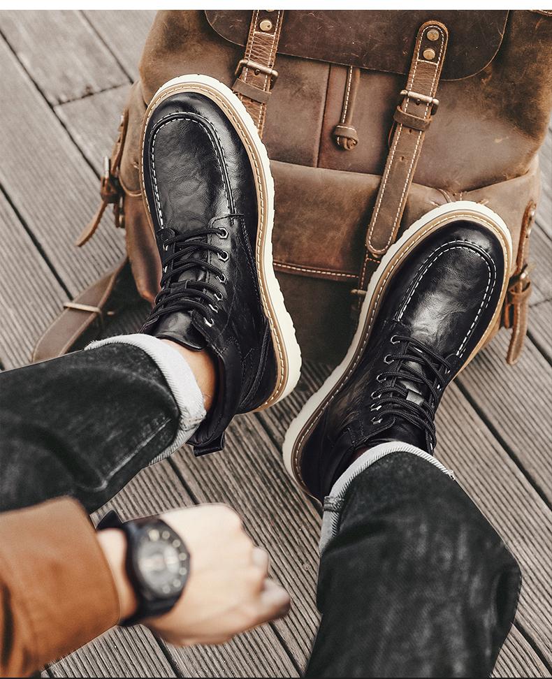 Men's Brown Classic Work Boots - Leather Upper with Belt Buckle Brown Lace-Up Ankle-High Design Non-Slip Rubber Sole for Hiking & Daily Casual Steel Toe Footwear Boy Memory Foam-Like Comfort Cushioning Adjustable Straps for Comfort Fit Durable Waterproof