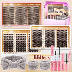 RITALASH 660PCS Dark Brown Segmented Lash Clusters Kit Light Feathery Natural Look Dark Brown Cluster Eyelashes Big Box Set DIY Long-lasting Lashes (WM01-BLR105-Flaunt)