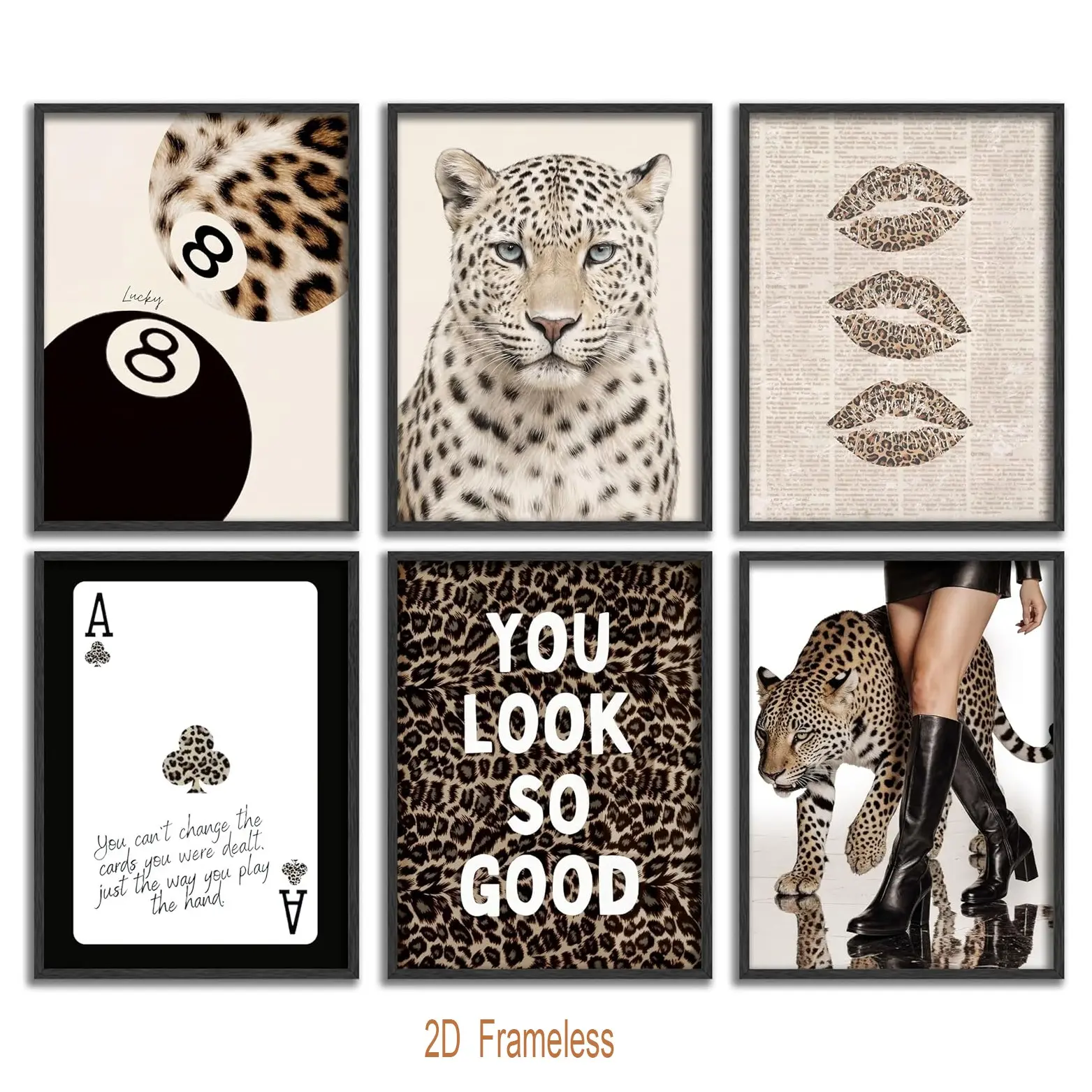 6-piece set of stylish leopard-print wall art, featuring college-style leopard-print artwork, trendy boot posters, and vintage “Lucky No. 8” ball posters. Perfect for home decor in bedrooms, living rooms, bathrooms, and more. Frameless.