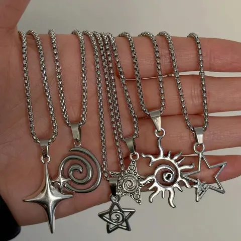 6pcs Vintage Gothic Style Necklaces, Star & Moon Pendants, Punk Hip-Hop Hala Pendants, Unisex Fashion Jewelry, Suitable For Daily Wear And Special Occasions, Ideal Gifts For Valentine's Day, Easter, Halloween, Stainless Steels Necklace