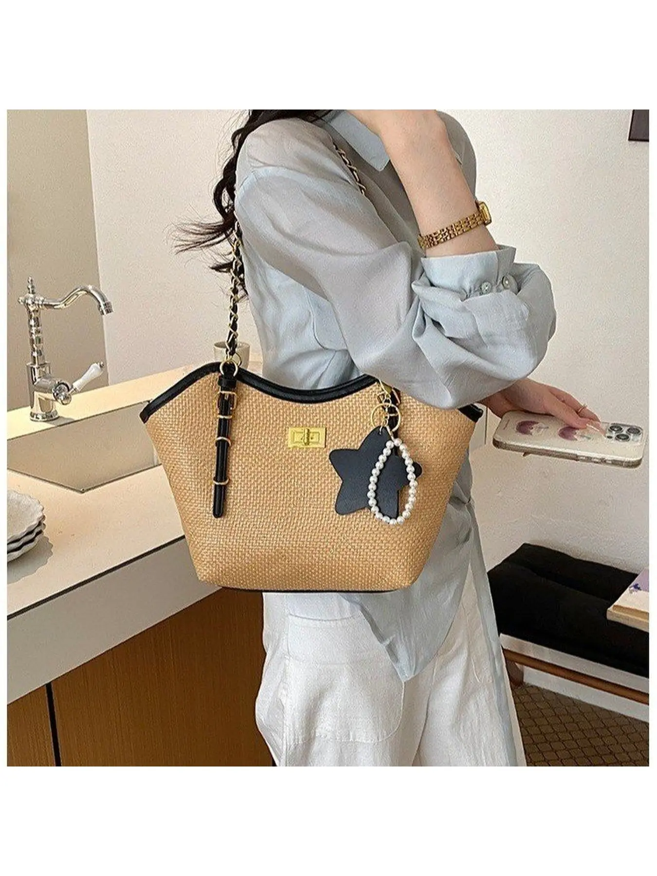 2026 Summer New Universal Women's Bag, Woven Coffee Zipper Woven Black Women's Tote Bag, Casual Shoulder Purse, One Size Fits All