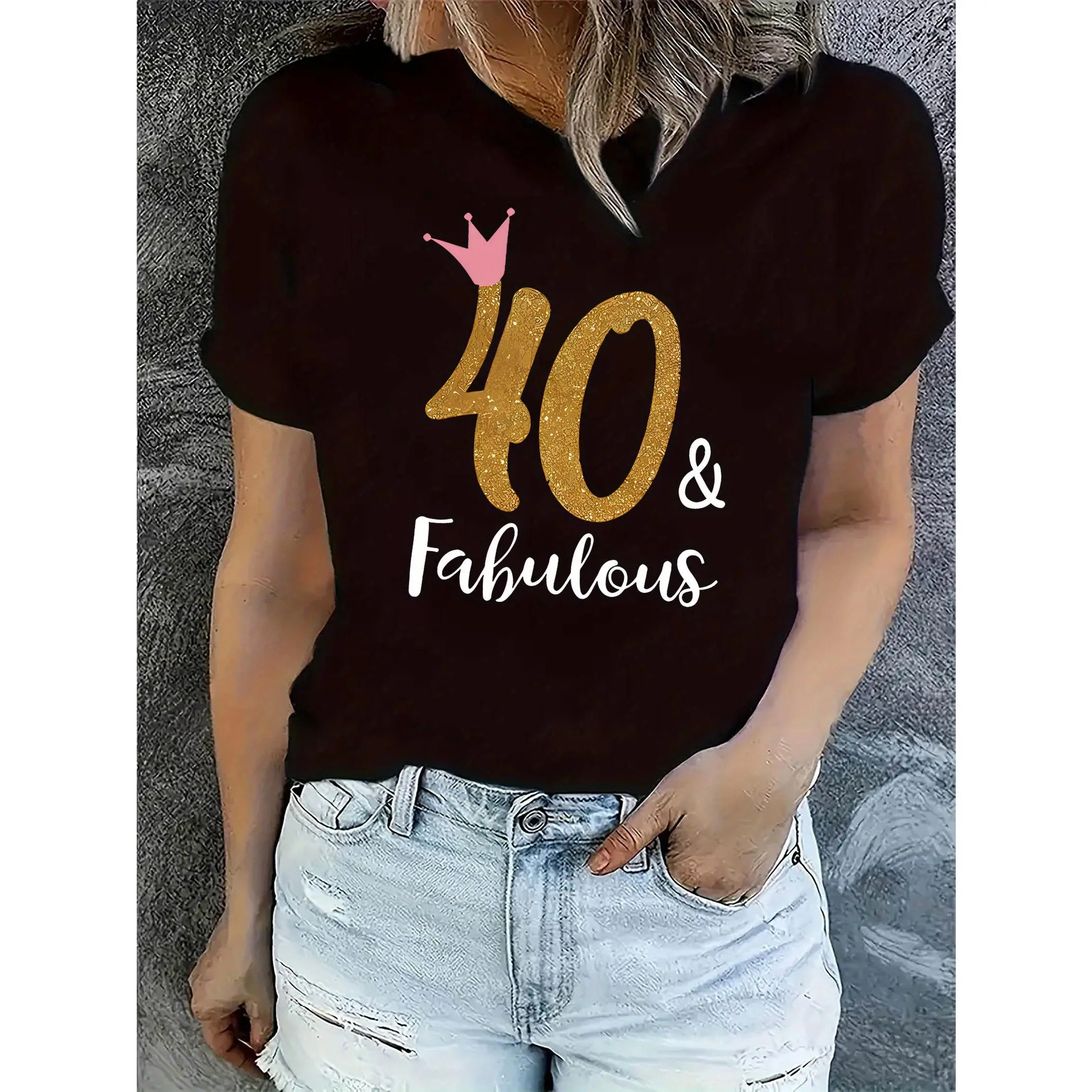 Women's Casual Short-Sleeve Cotton Knit T-Shirt - Round Neck, A-Z Alphabet Letter Print, Medium-Stretch Fabric, Machine Washable Summer Blouse & Layering Top, Stylish Minimalist All-Season Attire