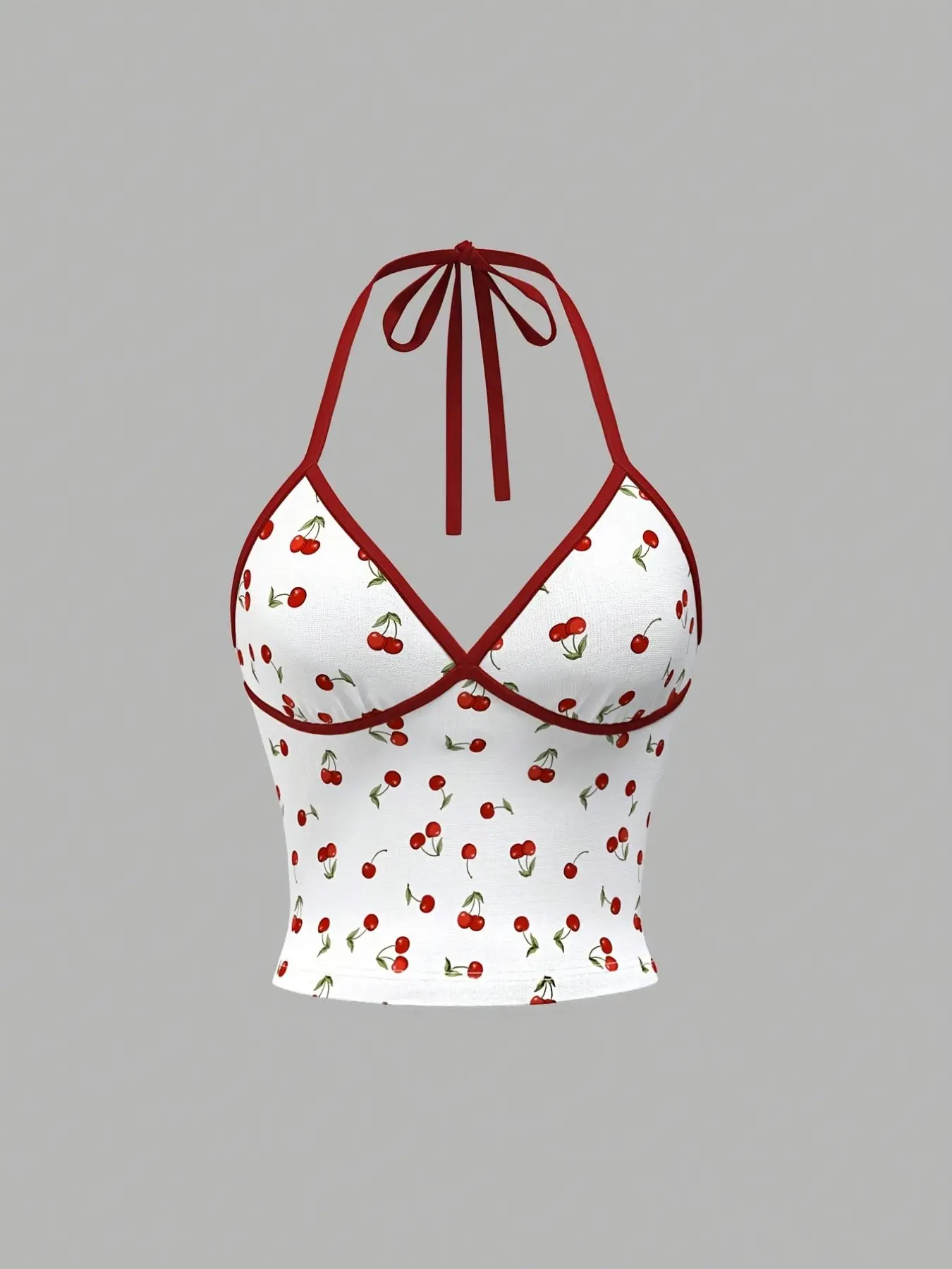 Women's Small Cherry Print Colorblock Halter Top, Stylish and Unique Design, Perfect for Casual Wear, Comfortable and Trendy