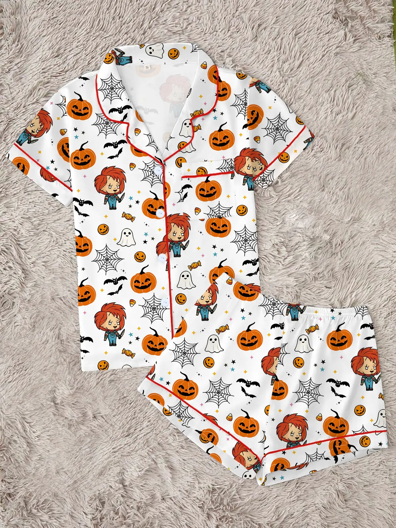 【Halloween】  Cute Spooky Season Creepy Doll Matching Pajama Set for Women | Halloween Pumpkin, Spiderweb & Ghost Graphic Sleepwear | Soft 2-Piece Short Sleeve Button Up Casual Lounge Set | Fun Summeroween PJs | Quirky Horror Vibe Nightwear