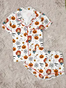 【Halloween】  Cute Spooky Season Creepy Doll Pajama Set for Women | Halloween Pumpkin & Spiderweb Graphic Sleepwear | Soft 2-Piece Short Sleeve Button Up Lounge Set | Fun Summeroween PJs | Quirky Horror Vibe Nightwear