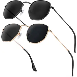 Sunglasses for Women and Men, Polarized Square UV Protection, Trendy Metal Frame Hexagon Sunglasses