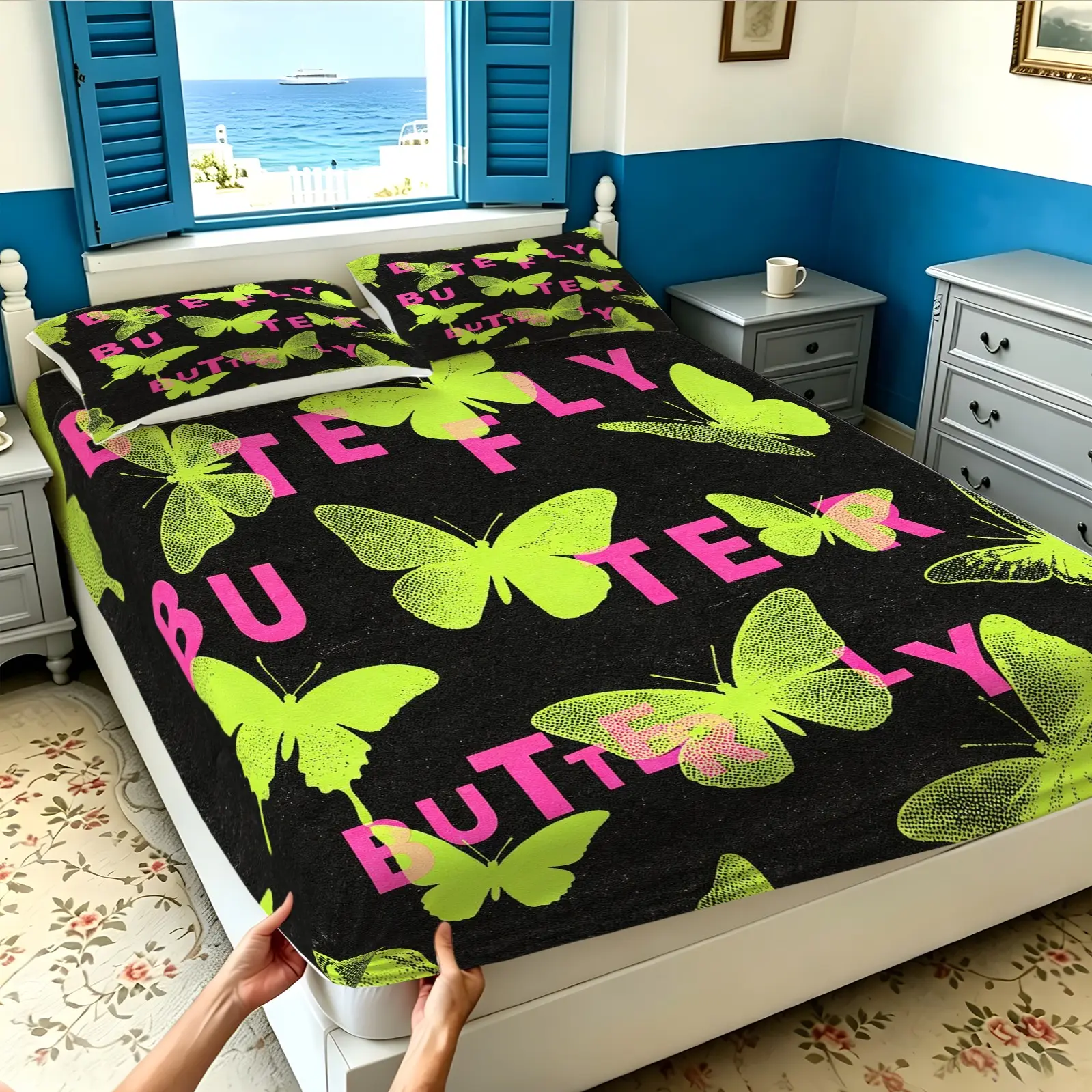 3PCS Vintage Pop Art Neon Green Butterfly Fitted Sheet Set, Soft Microfiber, Deep Pocket Wrinkle Resistant, Cozy Bedroom Bedding, Multiple Colors Available