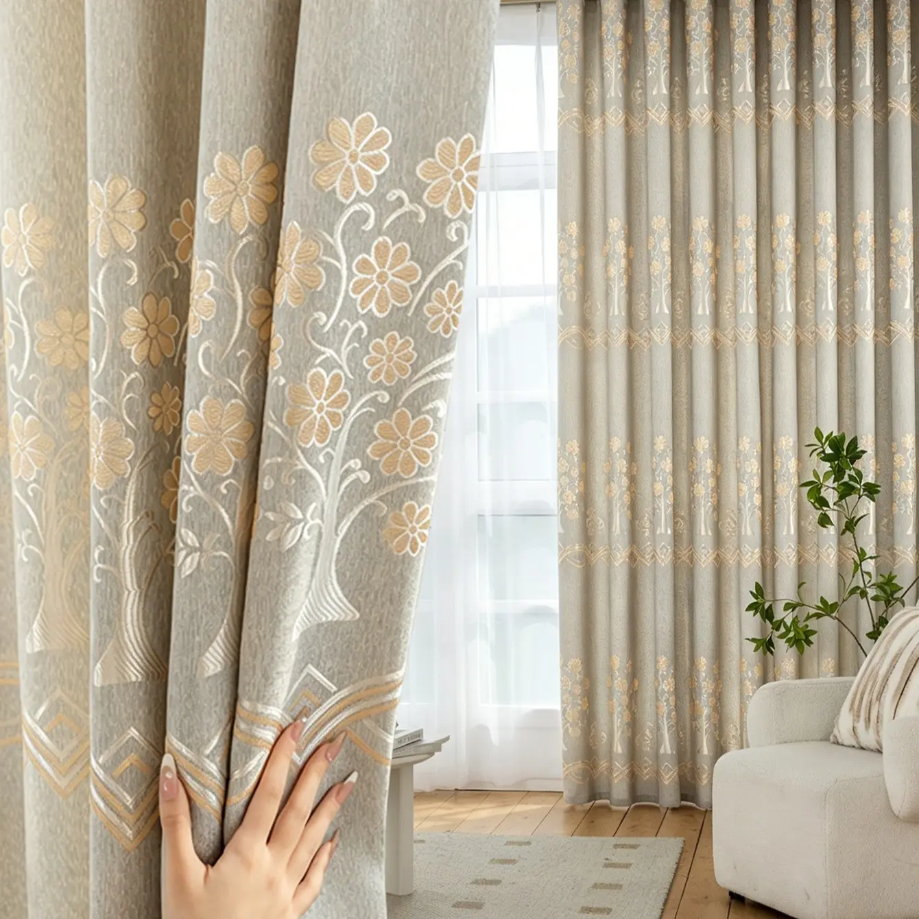 1pc New Chinese Style Luxury Curtain, Lucky Tree Embroidery, Hole Punch Strong Light Blocking, Suitable for Living Room/study, Elegant Atmosphere