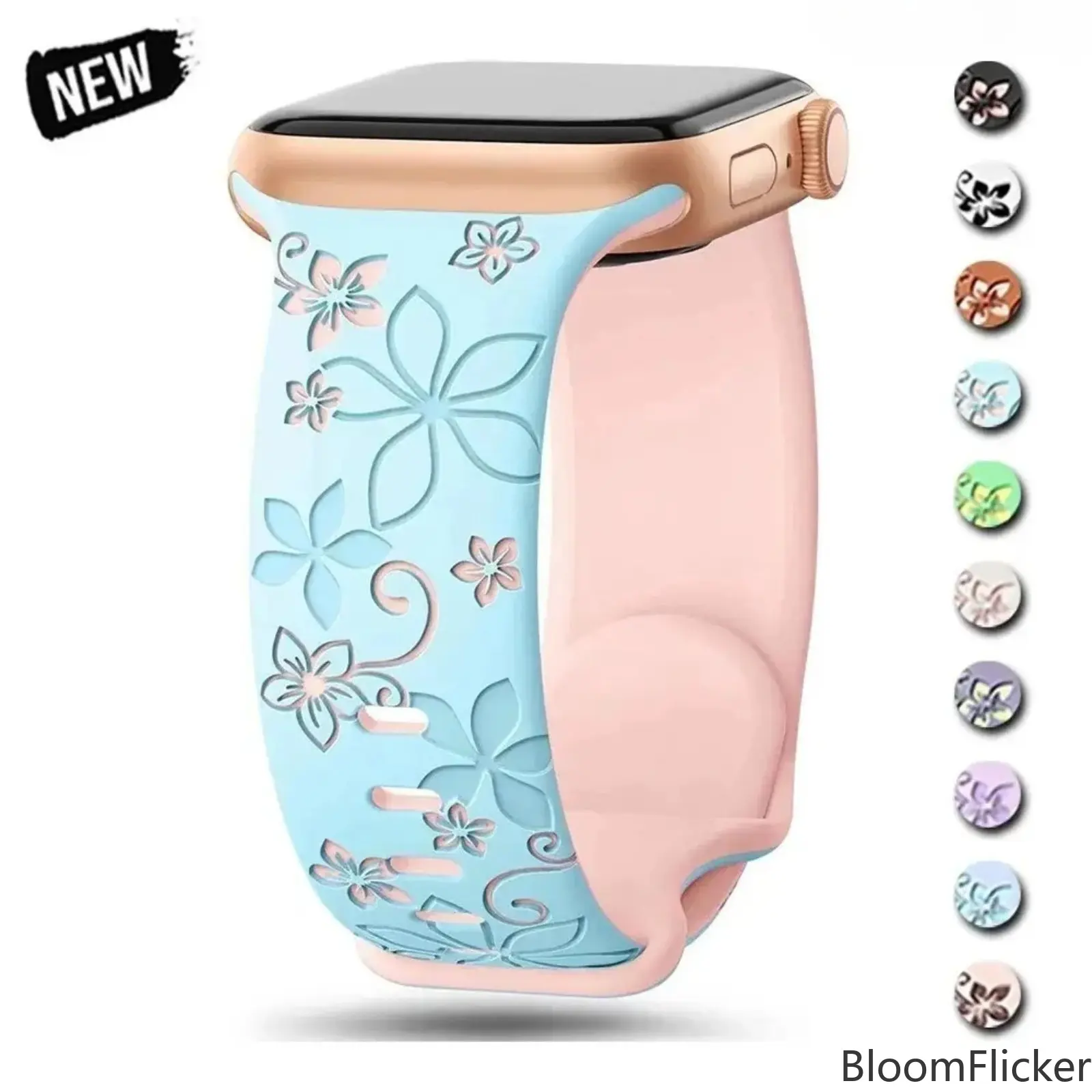 Women’s engraved silicone smart‑watch wristband with flexible sport‑oriented construction. Available for 38‑49 mm watch faces, compatible with standard watch series and Ultra variants. Versatile engraved wearable accessory for everyday casual outfits